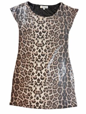 S Line Sequin Leopard Print Cap Sleeve Mini Dress Size M Mobwife Y2K
